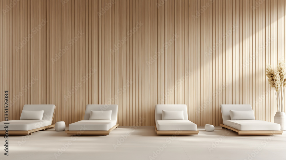 serene spa interior with four lounge chairs, a light wooden wall, and decorative vases, creating a calming, minimalist atmosphere. serene spa interior with four lounge chairs, a light wooden wall, and decorative vases, creating a calming, minimalist atmosphere.