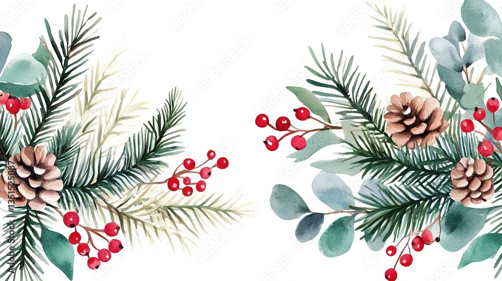 Naklejka premium A Christmas watercolor vector flat white banner featuring a floral border with pine branches and berries, isolated on a white background. 