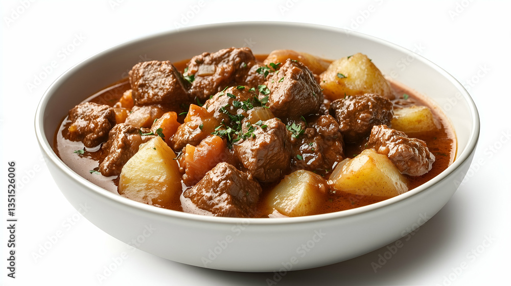 Beef stew with large potato chunks in rich brown sauce. Served hot in a white bowl with herbs sprinkled on top for a rustic and hearty dish. Beef stew with large potato chunks in rich brown sauce. Served hot in a white bowl with herbs sprinkled on top for a rustic and hearty dish.