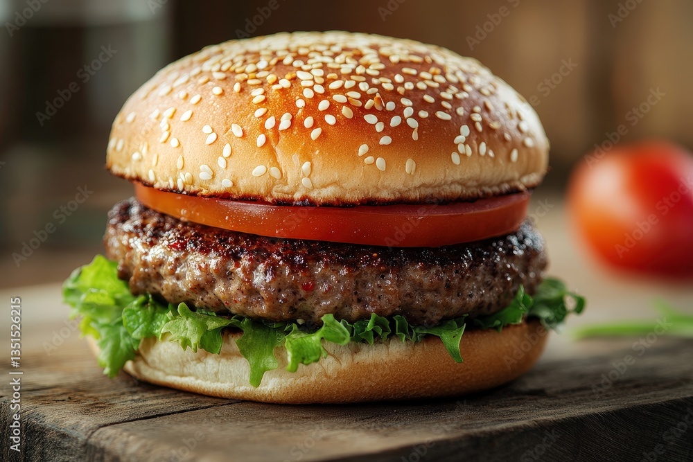 A delicious looking hamburger with sesame seeds and a tomato slice A delicious looking hamburger with sesame seeds and a tomato slice