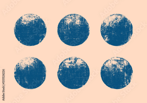 Assorted Scratched Distressed Textured Blue Circles Vector Graphic Isolate Design Elements. Round Shapes with Grunge Rough Textures Abstract Background. Weathered Texture Clip Art Collection