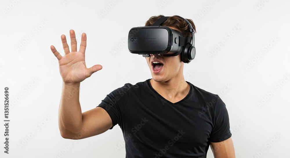 Man Experiencing Virtual Reality Wearing Headset and Raising Hand in Surprise Man Experiencing Virtual Reality Wearing Headset and Raising Hand in Surprise