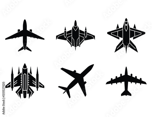 Airplane Silhouette Vector Illustration on White Background, Jet Airplane Silhouette Isolated Vector for Aviation Design, Black Airplane Silhouette Vector Icon on Clean White Background, Commercial Ai