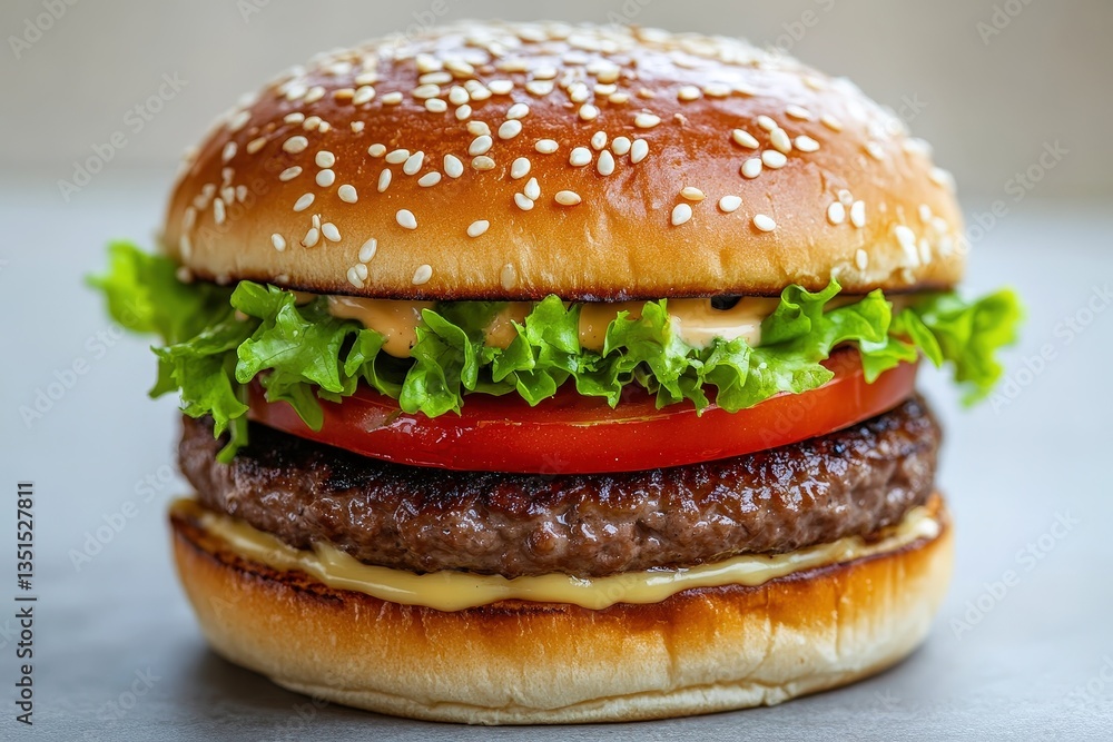 A delicious and appetizing hamburger with various fresh ingredients is shown A delicious and appetizing hamburger with various fresh ingredients is shown