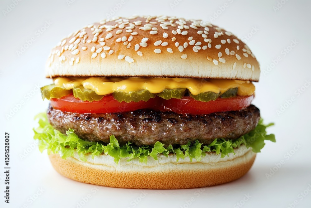 Delicious sesame seed bun hamburger with various toppings is presented Delicious sesame seed bun hamburger with various toppings is presented