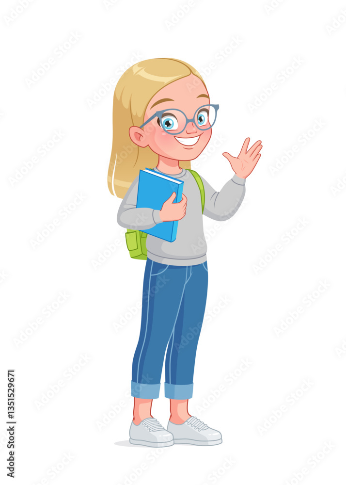 Cute little school girl in eyeglasses greeting. Cartoon vector illustration. Cute little school girl in eyeglasses greeting. Cartoon vector illustration.