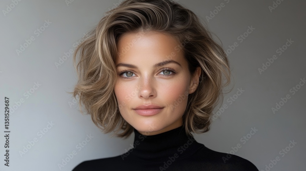 Obraz premium Stylish short wavy hair, perfect makeup and elegant look