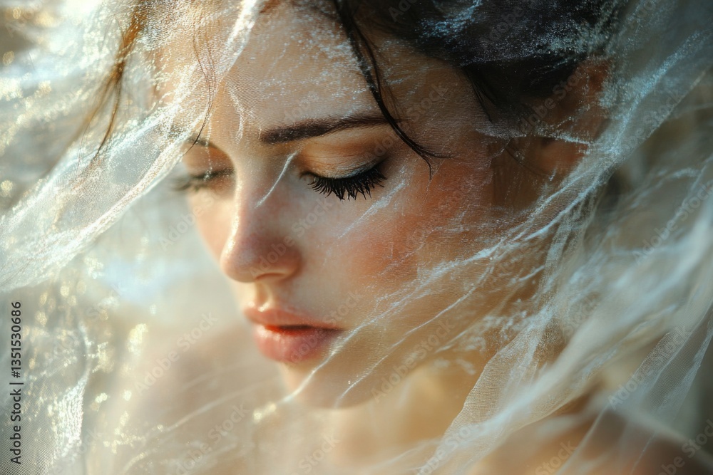 Bride face is partially covered by white veil Bride face is partially covered by white veil