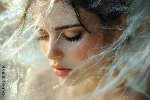 Bride face is partially covered by white veil