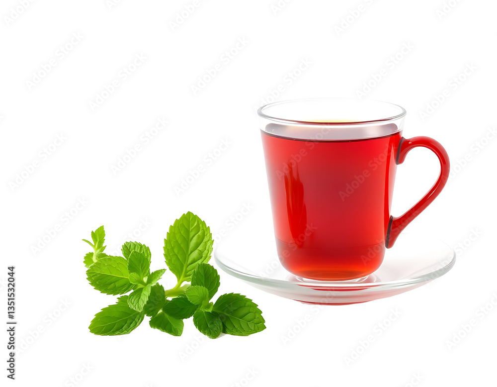 Red Mug of Tea with Fresh Mint Red Mug of Tea with Fresh Mint