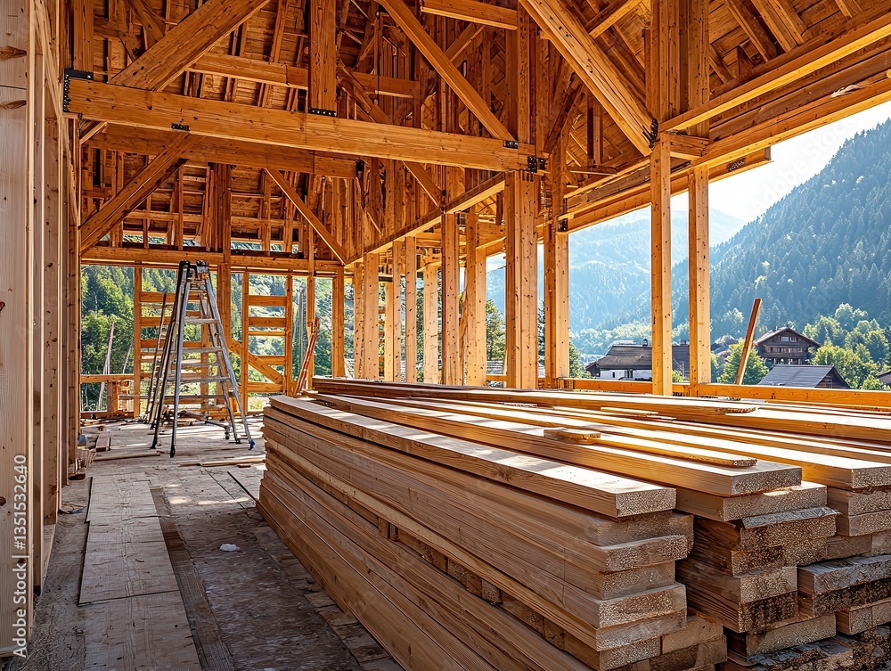 Timber frame construction site with interlocked beams, skeletal structure in progress, ladders and tools scattered, raw wood stacks await next build phase. Timber frame construction site with interlocked beams, skeletal structure in progress, ladders and tools scattered, raw wood stacks await next build phase.