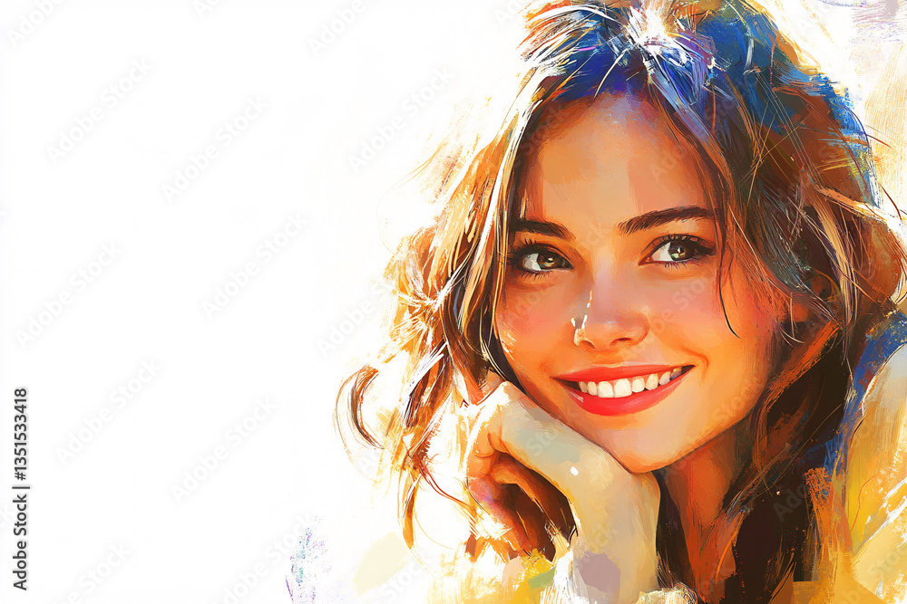 smiling woman looking up with thoughtful expression and question mark in background, concept of curiosity thinking idea decision doubt problem solving in retro or modern style portrait