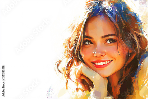 Obraz na płótnie smiling woman looking up with thoughtful expression and question mark in background, concept of curiosity thinking idea decision doubt problem solving in retro or modern style portrait w salonie