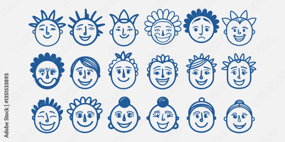 Whimsical Expressions A Playful Collection of 18 Unique Blue Cartoon Faces Whimsical Expressions A Playful Collection of 18 Unique Blue Cartoon Faces