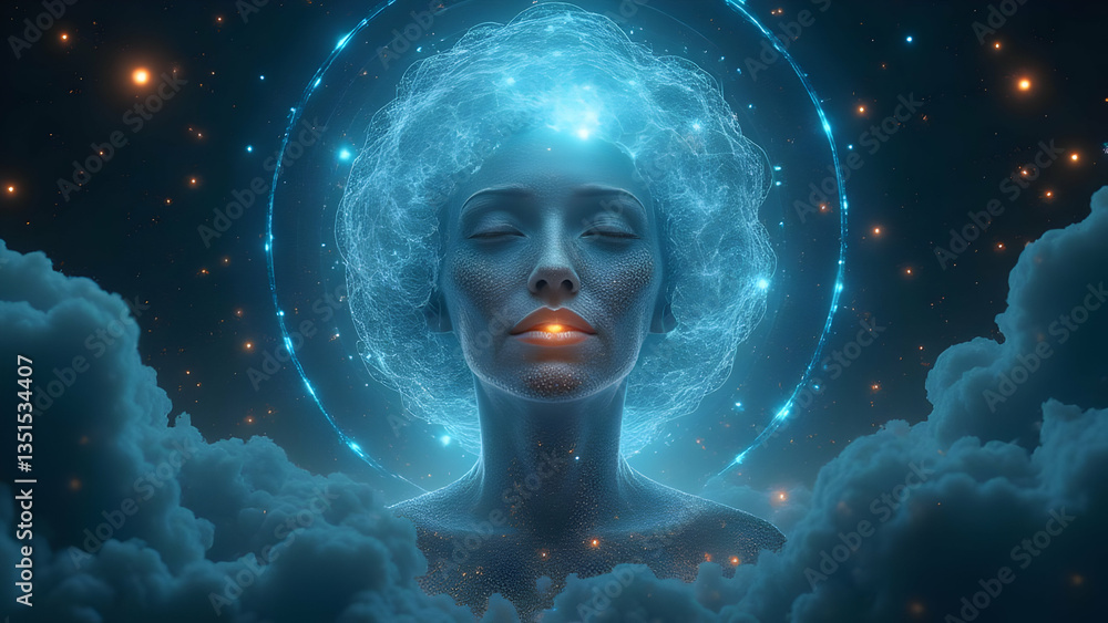 An ethereal cosmic portrait of a celestial being with a luminous blue aura and glowing eyes, set against a starry night sky and a nebula background, radiating mystical energy and transcendent presence An ethereal cosmic portrait of a celestial being with a luminous blue aura and glowing eyes, set against a starry night sky and a nebula background, radiating mystical energy and transcendent presence