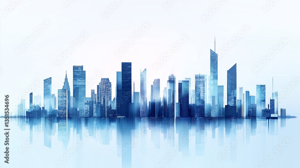 A serene cityscape reflected in tranquil waters, showcasing a modern metropolis at dawn with cool blue tones and soft light A serene cityscape reflected in tranquil waters, showcasing a modern metropolis at dawn with cool blue tones and soft light