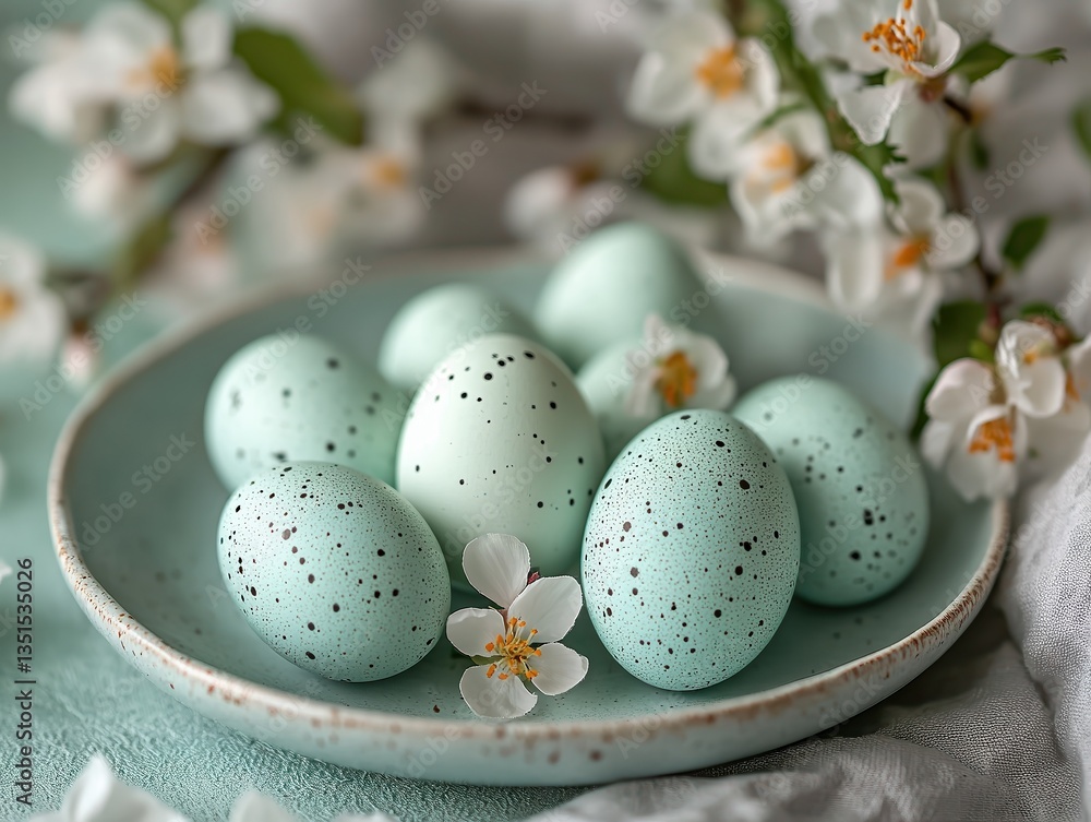 Obraz premium Cracked Easter egg on plate, robin's egg shell holds pastel candy, linen napkin and spring blossoms frame soft minimal holiday composition