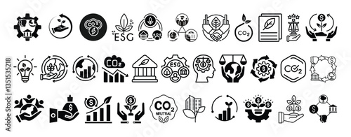 Sustainable Business, Green Finance, Carbon Credits, ESG Investing, Corporate and Ethical Banking icon set collection vector design.