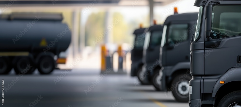 Trucks lined up in loading bay, showcasing efficient logistics i Trucks lined up in loading bay, showcasing efficient logistics i