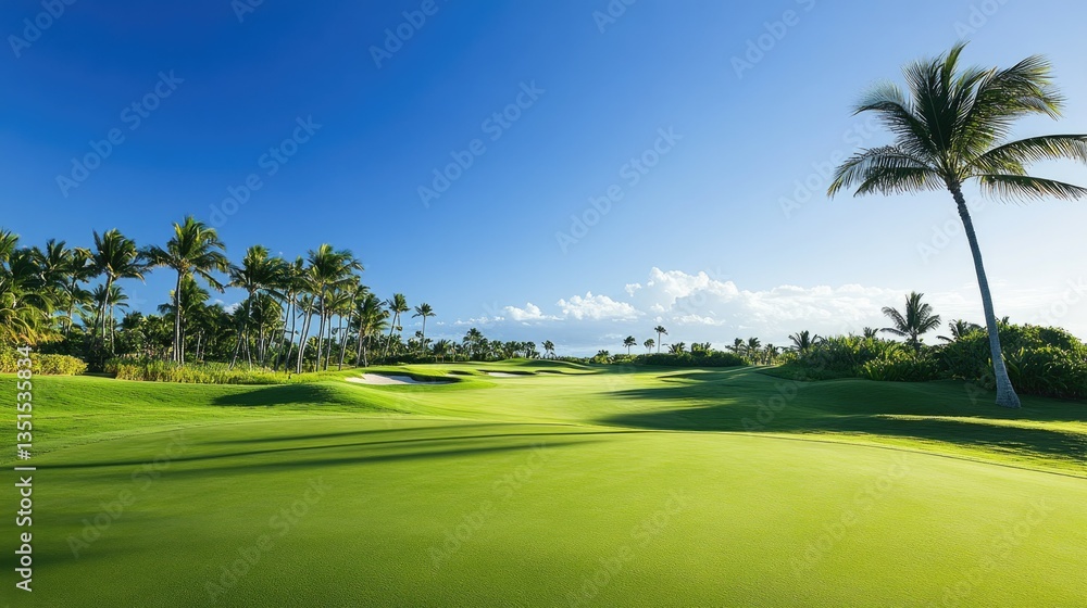 Fototapeta premium Serene Landscape of Lush Golf Course with Palm Trees Under Clear Blue Sky