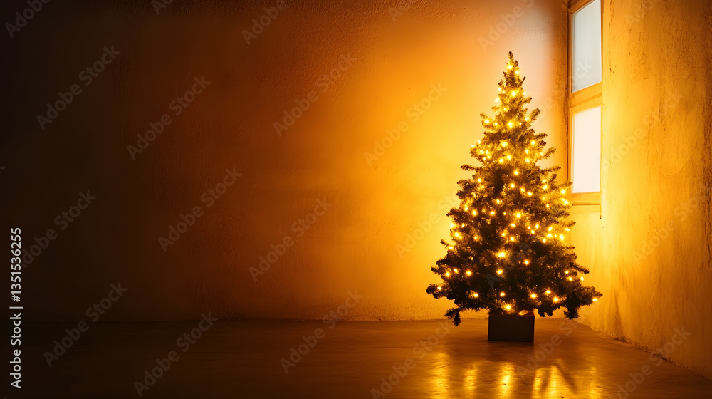 Illuminated Christmas tree in a room near window, cozy holiday scene Illuminated Christmas tree in a room near window, cozy holiday scene