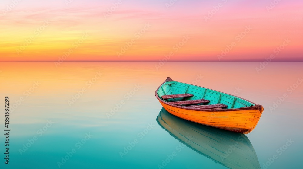 Colorful Wooden Boat Floating Calmly on Tranquil Water at Sunset Colorful Wooden Boat Floating Calmly on Tranquil Water at Sunset