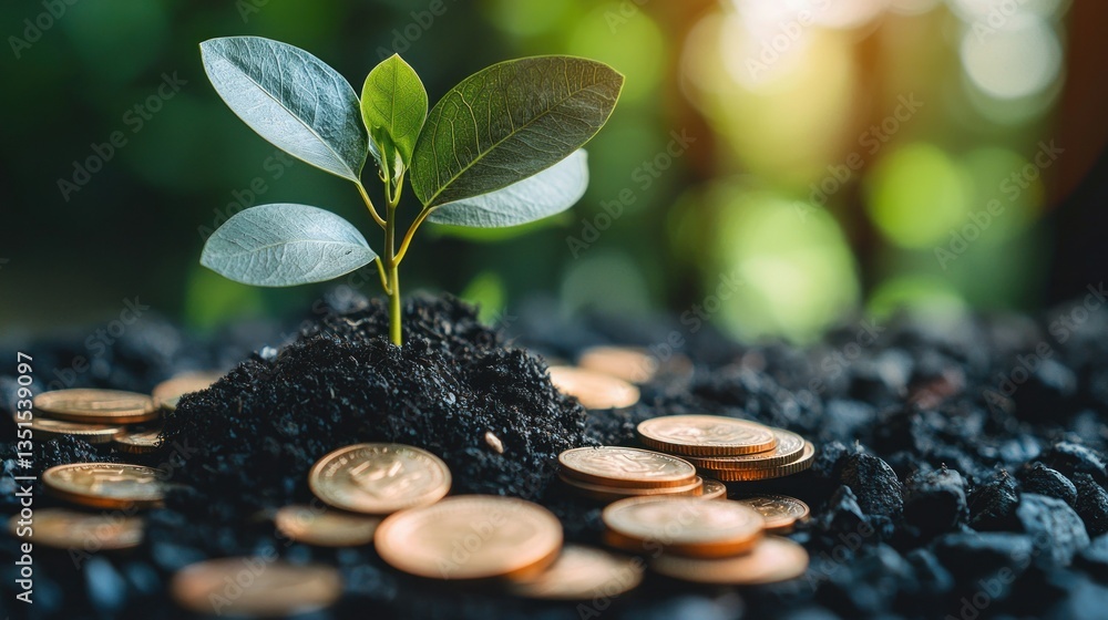Seedling Growing from Soil Surrounded by Coins Seedling Growing from Soil Surrounded by Coins