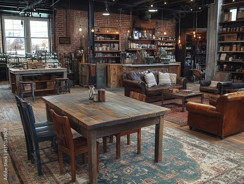 Wallpaper Mural  Rustic furniture store with reclaimed wood, vintage décor, warm lighting, exposed brick walls, leather couches, handmade tables, cozy interior with artisanal charm. Torontodigital.ca