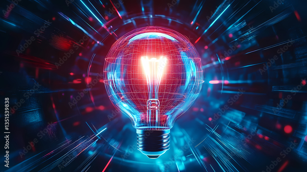 Glowing Blue and Red Light Bulb on Dark Background Glowing Blue and Red Light Bulb on Dark Background