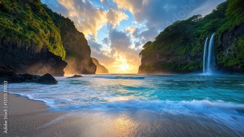 Idyllic coastal haven at dawn featuring a hidden waterfall cascade