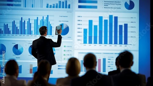 Business presentation with charts and graphs, corporate strategy meeting briefing