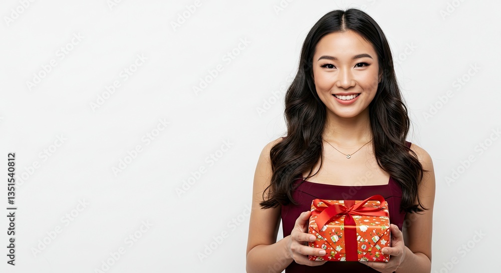 Woman Holding Wrapped Gift Smiling Happy Occasion Celebration Concept Woman Holding Wrapped Gift Smiling Happy Occasion Celebration Concept