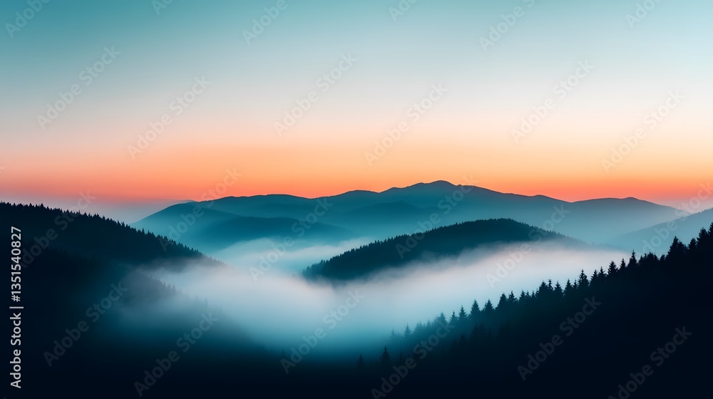 Serene Mountain Landscape at Sunset, Foggy Valley, Nature Photography, Scenic View, Calm Atmosphere. Serene Mountain Landscape at Sunset, Foggy Valley, Nature Photography, Scenic View, Calm Atmosphere.