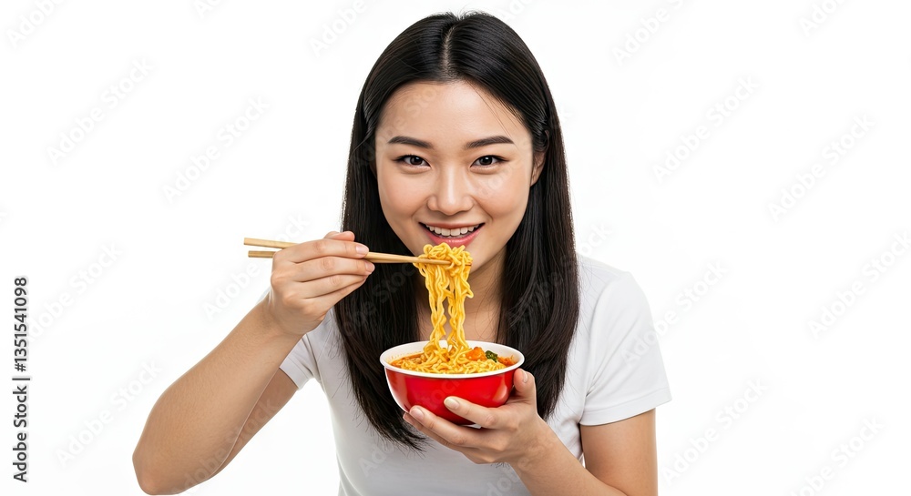 Woman Eating Noodles with Chopsticks Smiling in Studio Lighting Woman Eating Noodles with Chopsticks Smiling in Studio Lighting