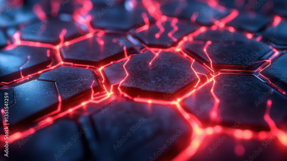 Abstract representation of glowing hexagonal pattern on a dark surface with vibrant red and blue hues Abstract representation of glowing hexagonal pattern on a dark surface with vibrant red and blue hues