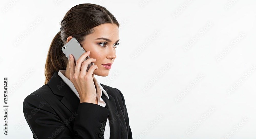 Businesswoman Talking on Mobile Phone in a Professional and Clean Setting Businesswoman Talking on Mobile Phone in a Professional and Clean Setting