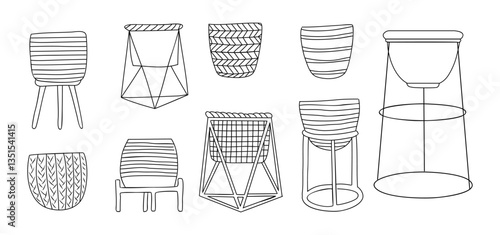 Flower pots and planters line art drawing Set. Interior elements isolated. Outline vector hand drawn illustrations.