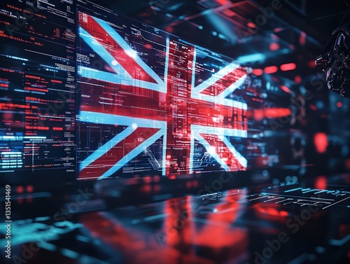  British digital flag in futuristic cyber background, tech interface with glowing lights, innovation and national data concept