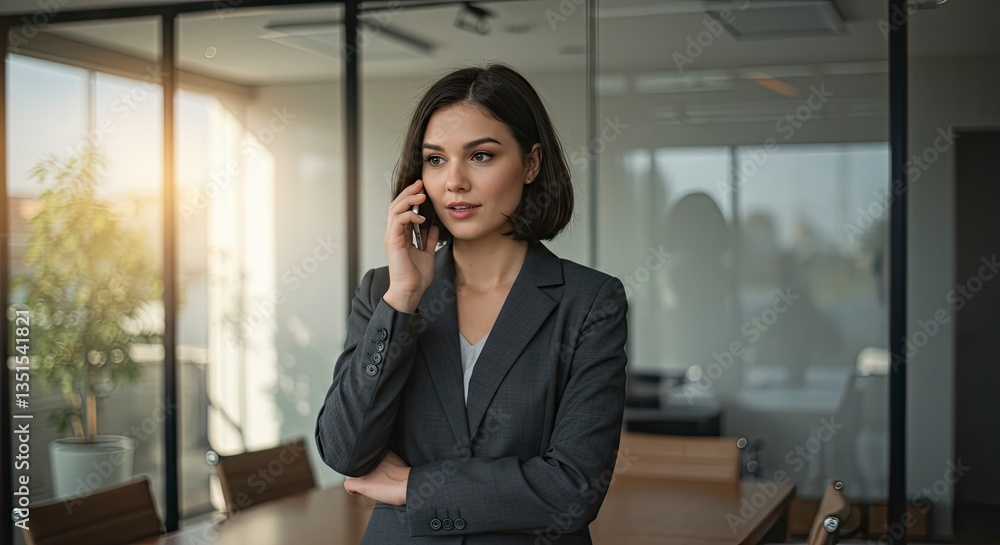 Businesswoman Talking on Mobile Phone in Modern Office Setting Businesswoman Talking on Mobile Phone in Modern Office Setting
