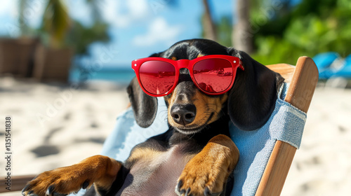 Cute dachshund puppy wearing red sunglasses, lying on a beach chair, vacation concept.