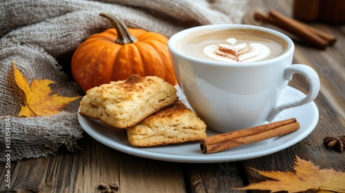 Cozy Autumn Scene with Pumpkin Spice Coffee and Delicious Scones on Wooden Table