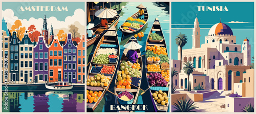 Set of travel posters in retro style. Bangkok, Thailand, Amsterdam, Netherlands, Tunisia. Sunner vacation, travelling concept. Vector art illustrations
