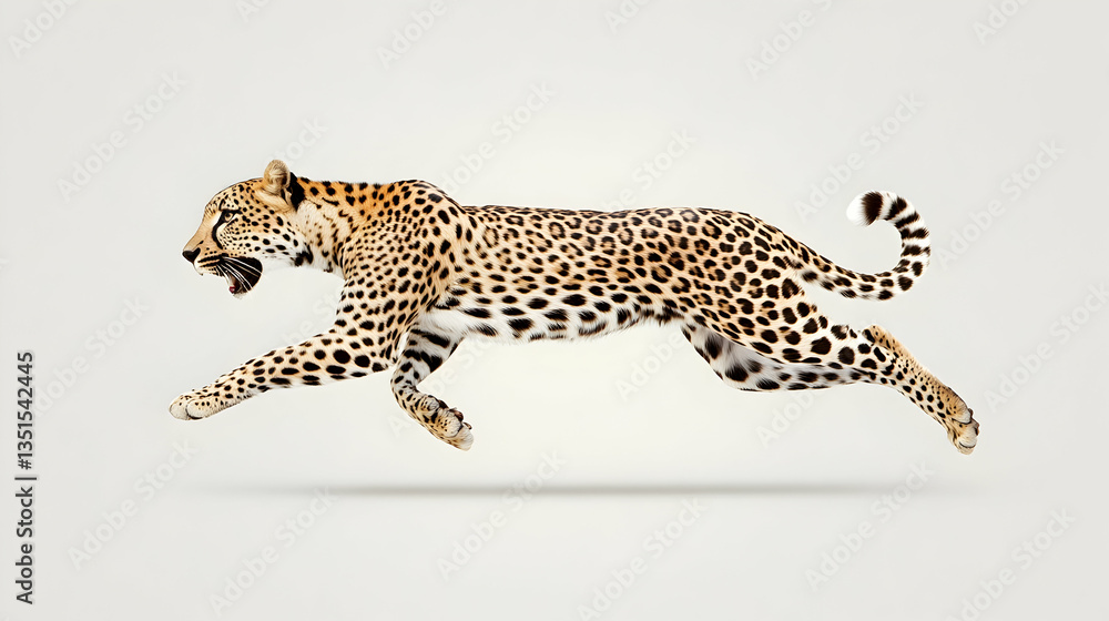 Obraz premium Leopard running fast, isolated on white, wildlife action shot, for wildlife documentaries