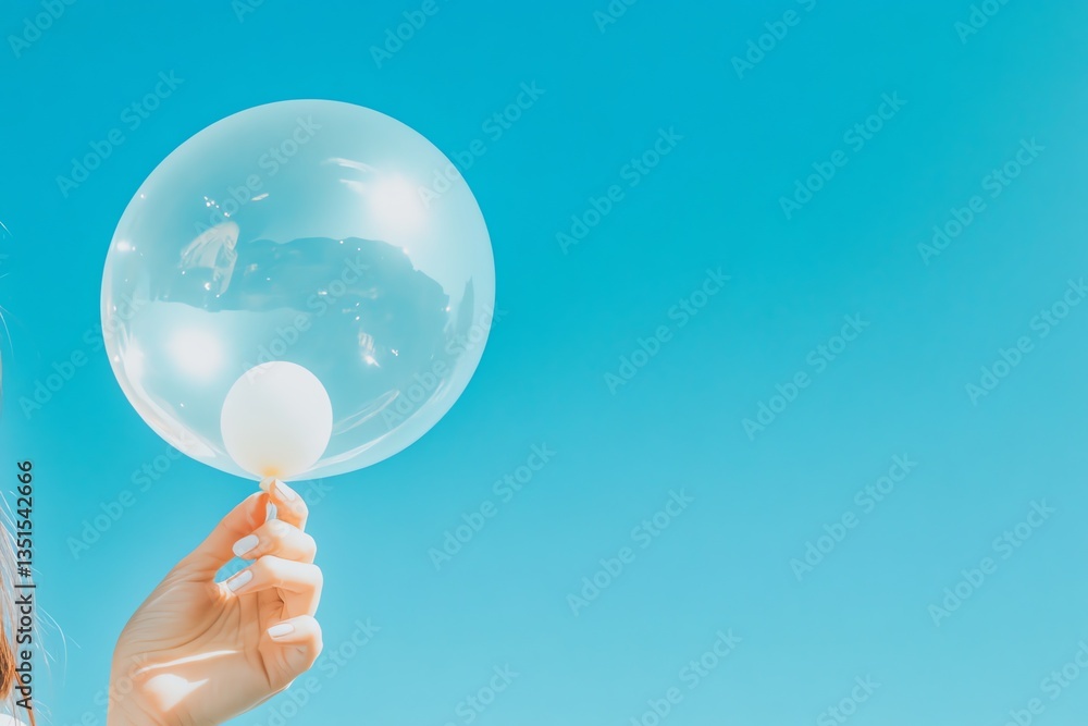 Holding Clear Balloon Against Blue Sky for Celebration or Party Holding Clear Balloon Against Blue Sky for Celebration or Party