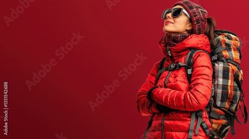 Adventurous young woman with backpack wearing sunglasses and winter apparel against a vibrant red background