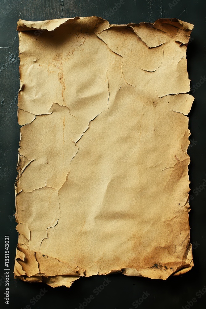 Fototapeta premium A piece of aged parchment paper lies flat on a dark background, showcasing its crinkled edges and faded spots. The texture and color illustrate its rich history and wear over time