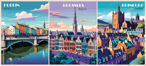Set of travel destination posters in retro style. Dublin, Brussels, Edinburg cityscape vector art illustrations