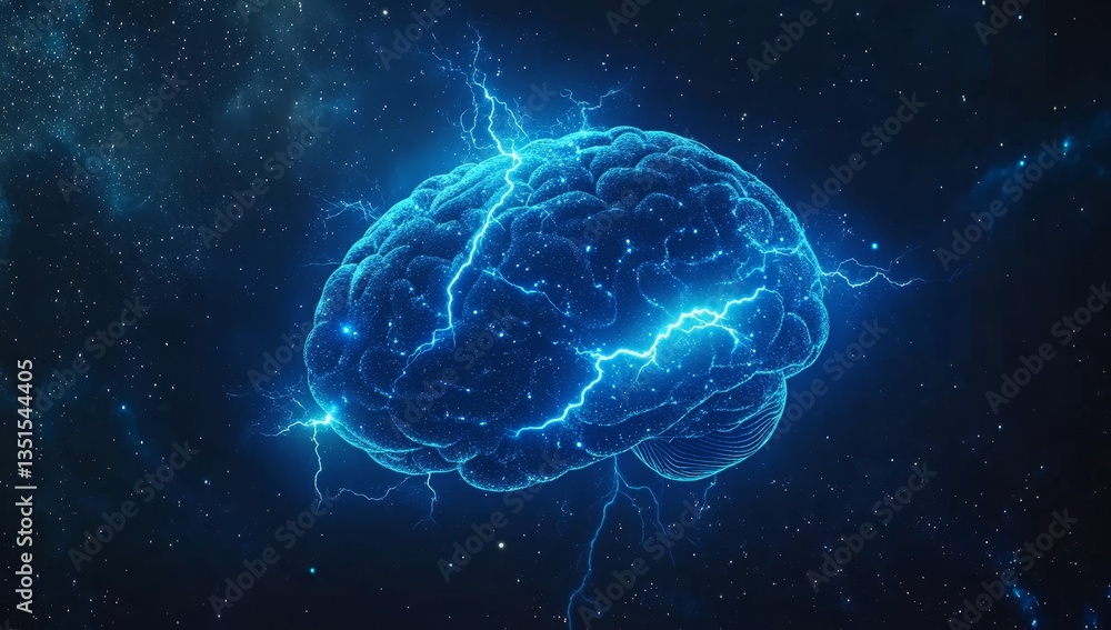 A digital illustration of the human brain is depicted with electrical activity, flashes, and lightning on a blue background A digital illustration of the human brain is depicted with electrical activity, flashes, and lightning on a blue background