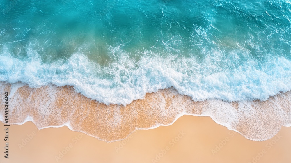 Overhead view of a stunning tropical beach featuring pristine white sand, foamy waves, and crystal-clear waters, perfect for summer getaways and travel backgrounds with ample copy space Overhead view of a stunning tropical beach featuring pristine white sand, foamy waves, and crystal-clear waters, perfect for summer getaways and travel backgrounds with ample copy space