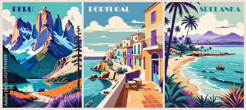 Set of travel destination posters in retro style.  Peru, Portugal, Sri Lanka landscapes vector colorful art illustrations